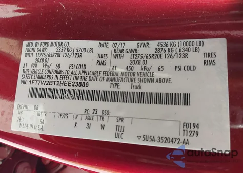 2017 Ford F250 Super Duty z USA, uszkodzony, nr VIN 1FT7W2BT2HEE23886